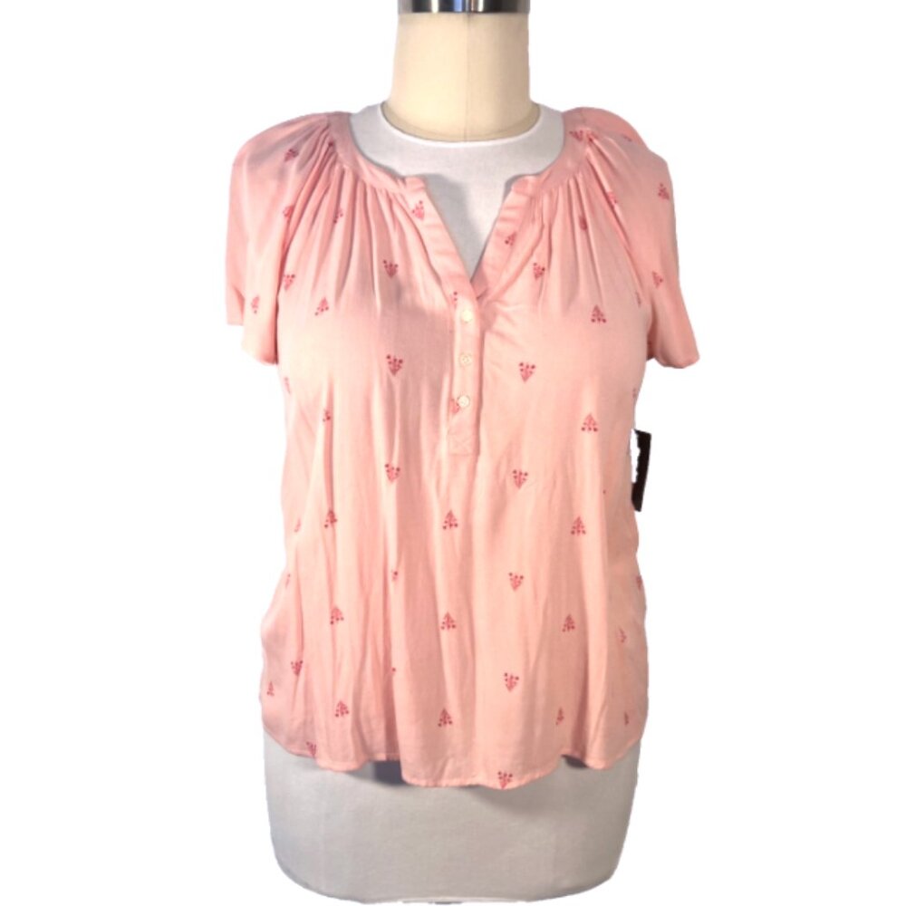 Style & Co Women's L Short Flutter Sleeve Henley V-Neck Pink Cottage Floral